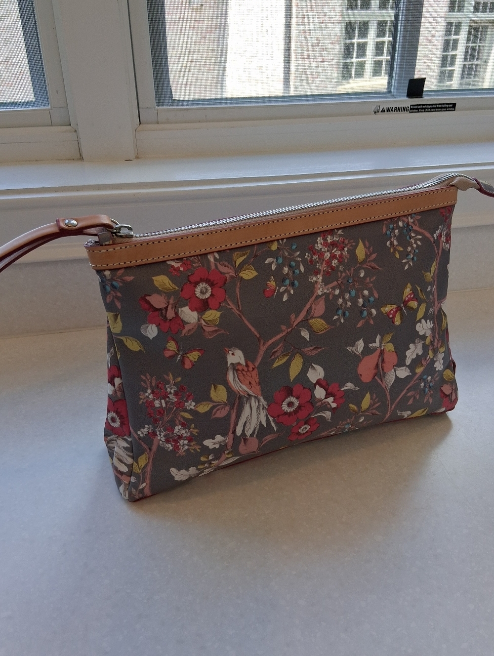 Floral Bird Wristlet Clutch in Gray and Pink with Tan Trim